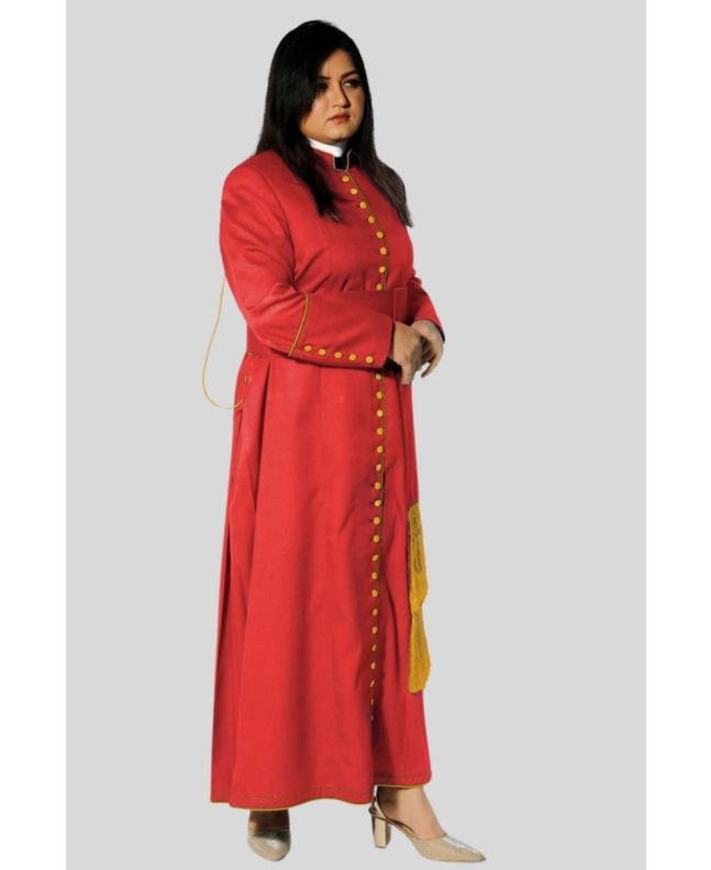 Crimson Women’s Cassock with Golden Trim & 33 Buttons
