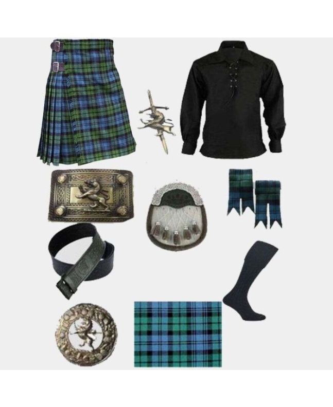 Campbell Tartan Kilt & Ghillie Shirt With Scottish Accessories