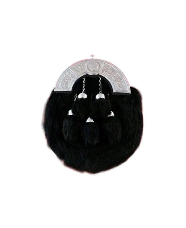 Full Dress Black Rabbit Fur Sporran With 5 Tessels - Chrome Interlace