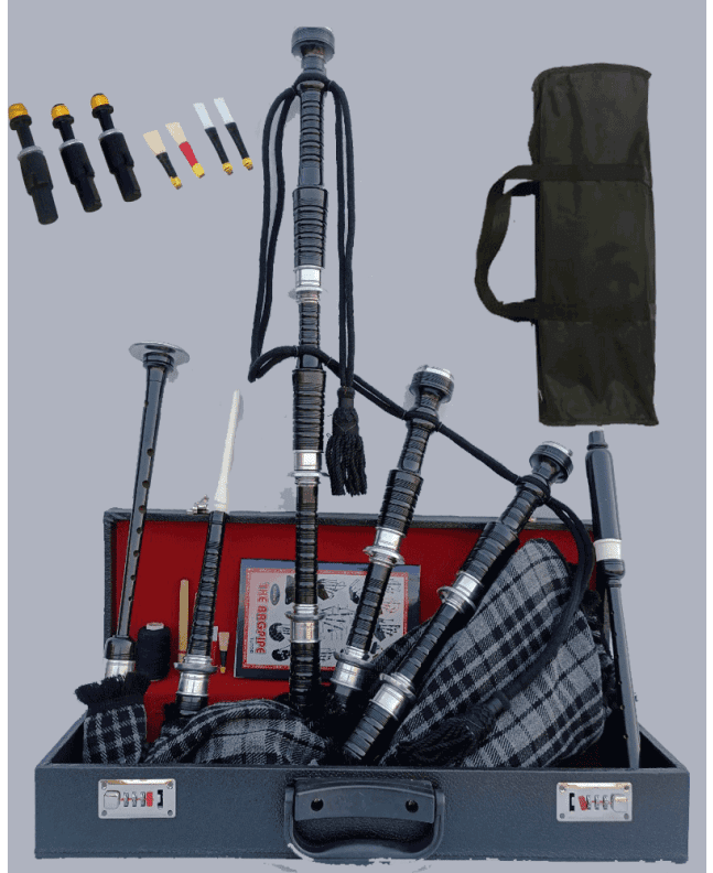 Hamilton Gray Tartan Black Bagpipe Set