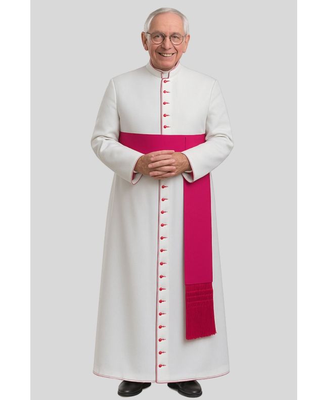 Men’s White Roman Bishop Cassock with Red Purple Trim
