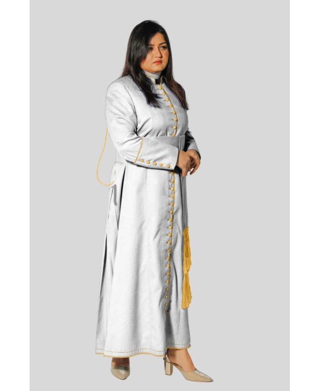 Celestial White Women’s Cassock with Gold Trim & 33 Button