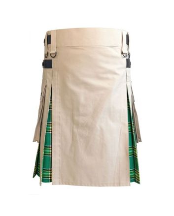 Khaki Hybrid Kilt With Irish National Tartan

