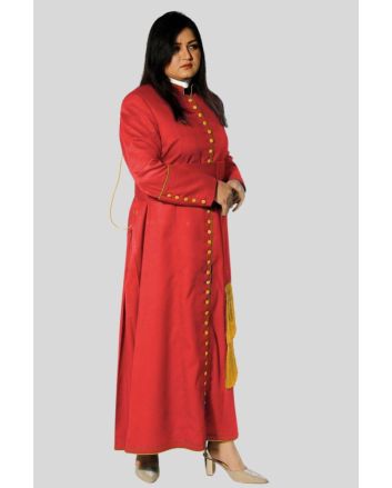 Crimson Women’s Cassock with Golden Trim & 33 Buttons
