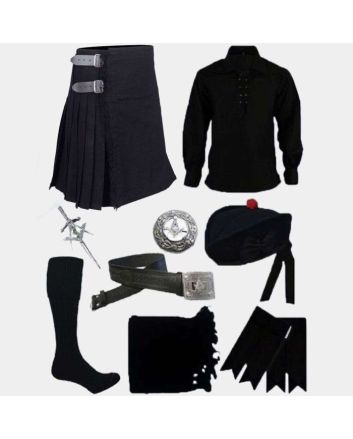 Black Tartan Kilt & Black Shirt With Accessories Deal