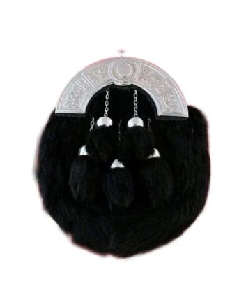 Full Dress Black Rabbit Fur Sporran With 5 Tessels - Chrome Interlace