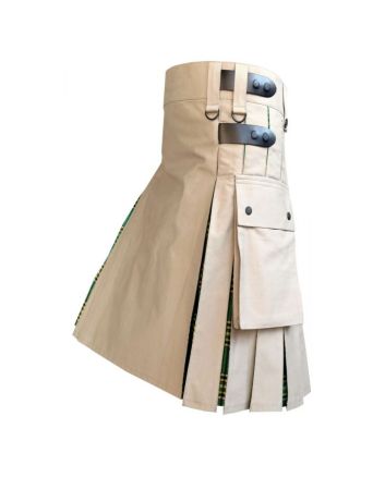Khaki Hybrid Kilt With Irish National Tartan

