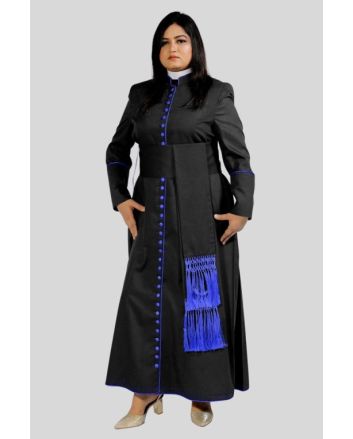 Black Cassock for Women with Royal Blue Trim & 33 Button

