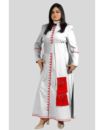 White Women’s Cassock with Red Trim & 33 Buttons
