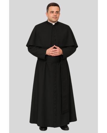 Men’s Black Cassock Elegant Priest Style with Shoulder Cape & 33 Buttons
