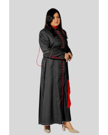 Black Cassock for Women with Bold Red Trim & 33 Buttons
